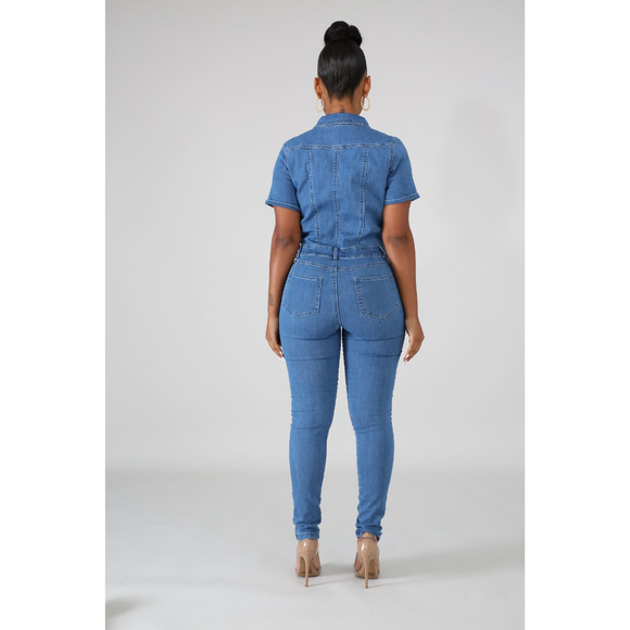 Light Wash Button Front Skinny Jumpsuit - Picture 4 of 4